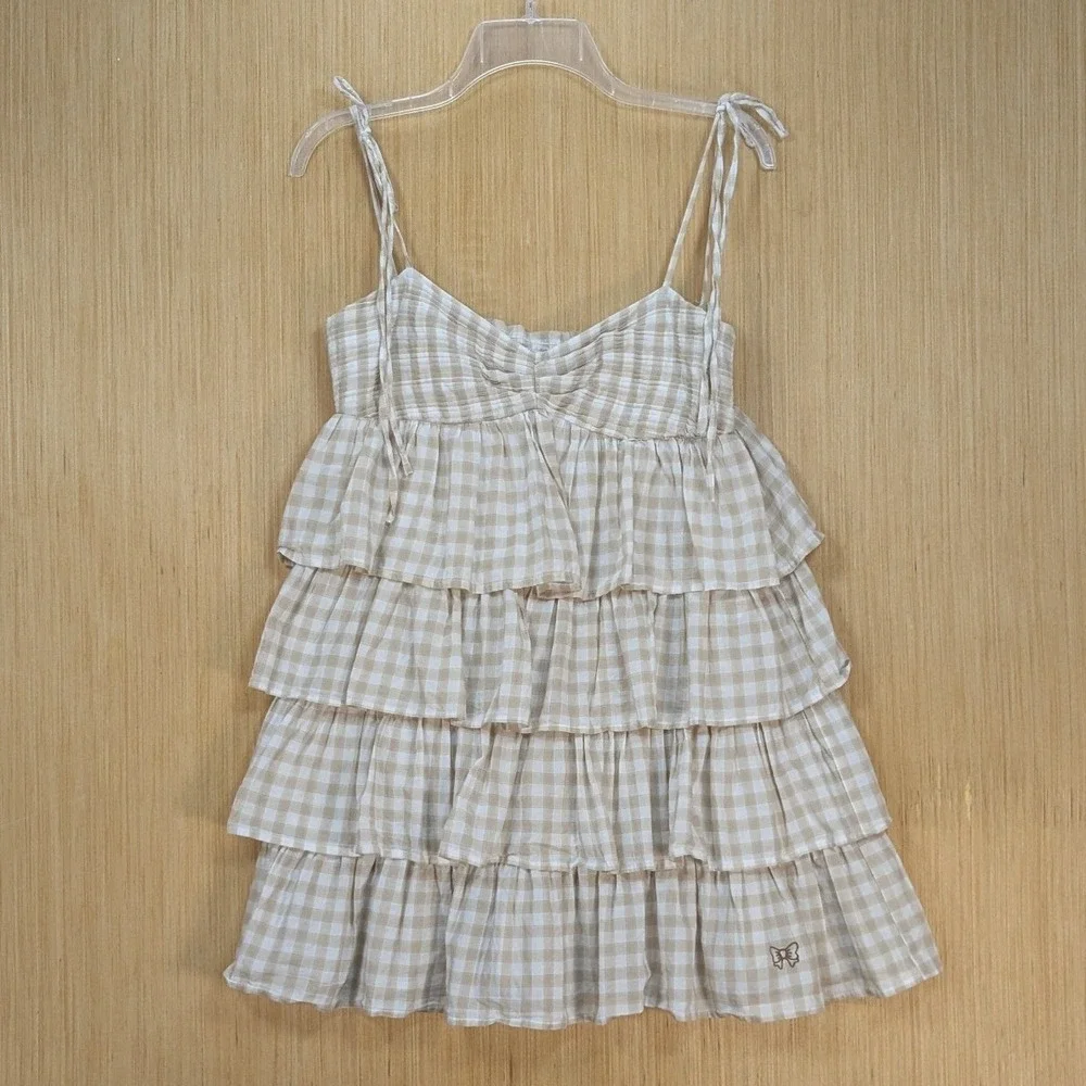 Womens Cottagecore Gingham Tiered Babydoll Top Small Beige Neutral Ruffle Cotton